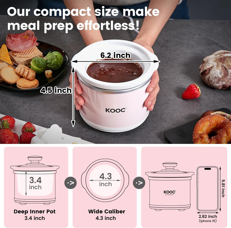 KOOC Small Slow Cooker, 0.65 Quart, Free Liners Included, Upgraded Ceramic Pot, Nutrient Loss Reduction, Sauces, Stews & Dips, Stainless Steel, Pink, Round - Image 2